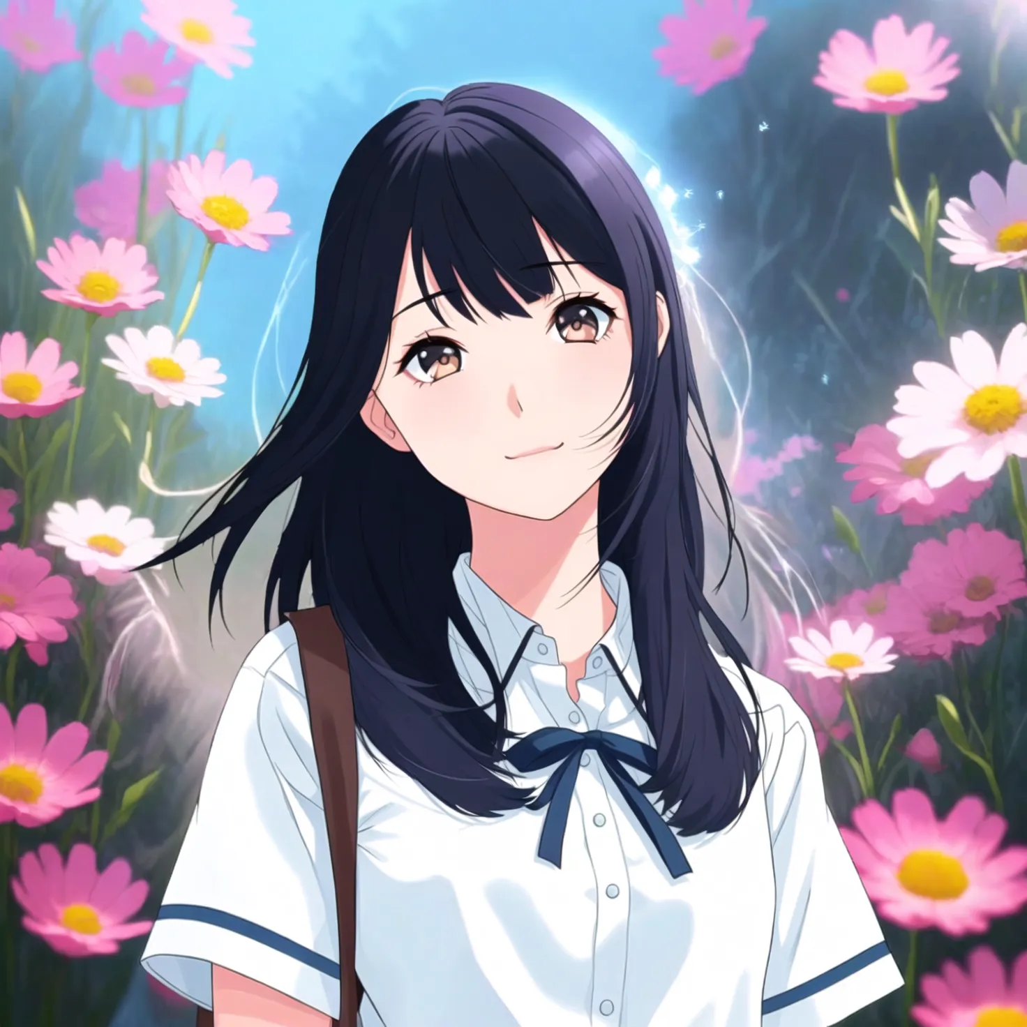 Anime character girl at a lake full of flowers . Image generated by AI using Fuzer