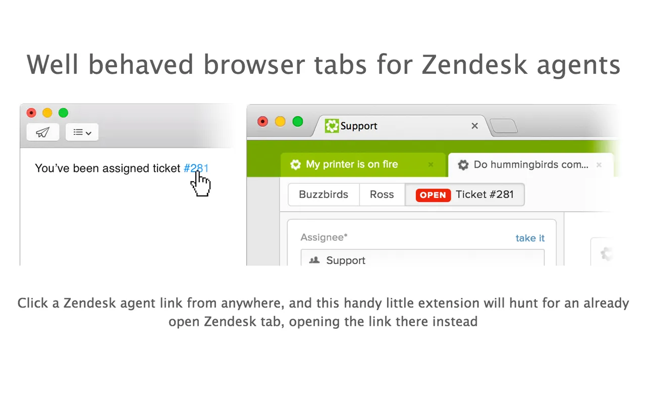 A screenshot showing Zendesk Chrome Extension UI: A side panel with a ticket.
