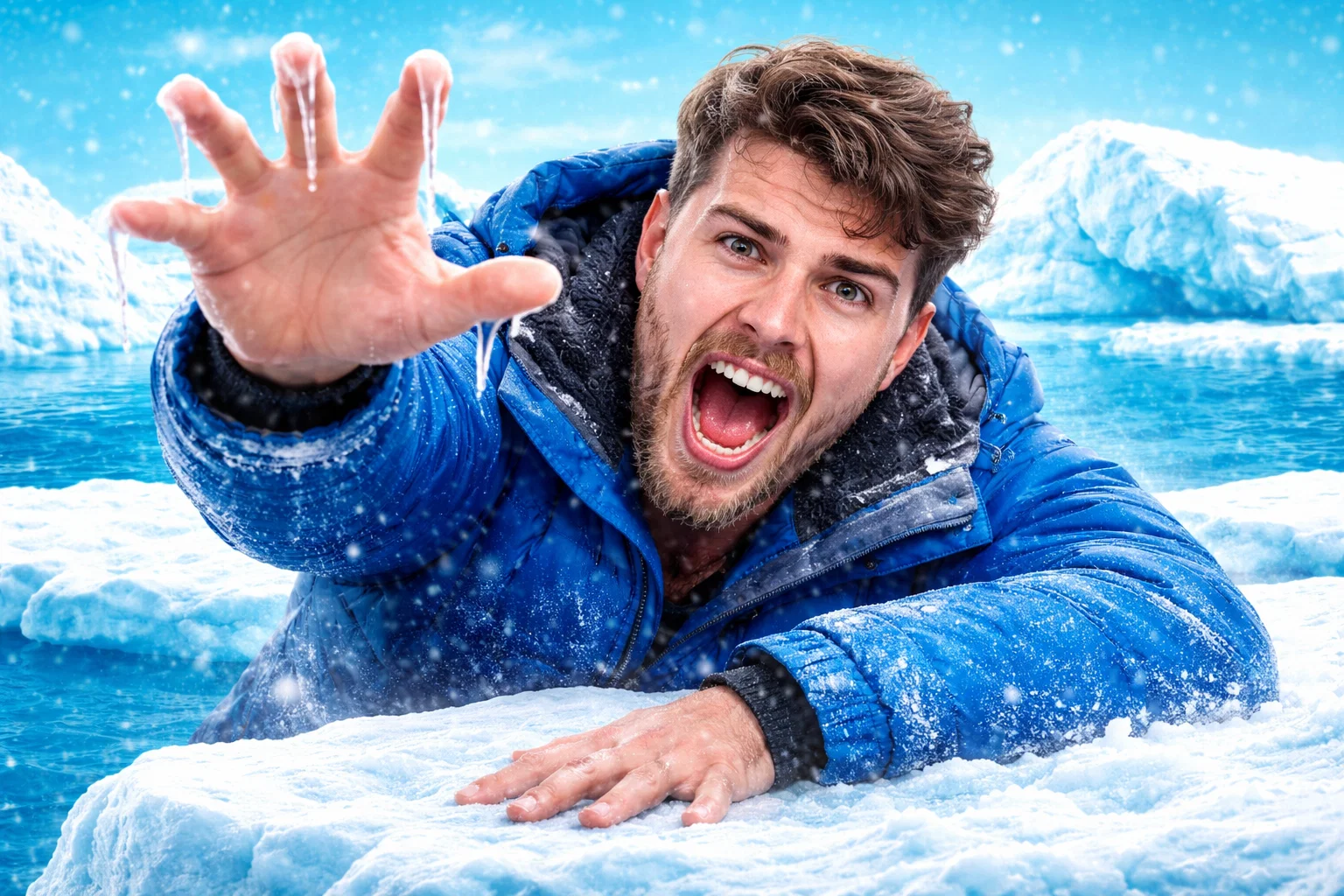 Man in blue jacket reaching out, struggling in icy water and snow.