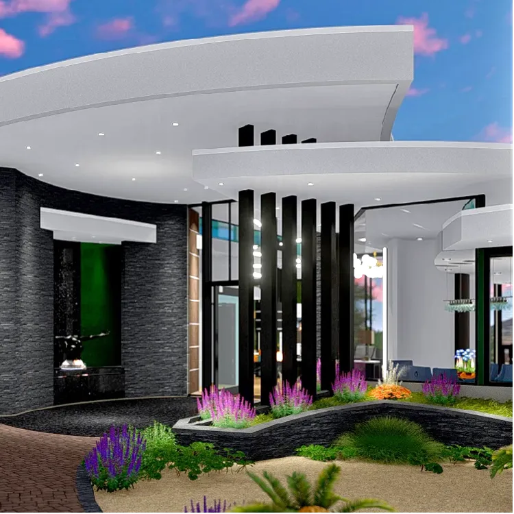CONTEMPORARY HOUSE grand covered main entry door with overlapping roof lines.