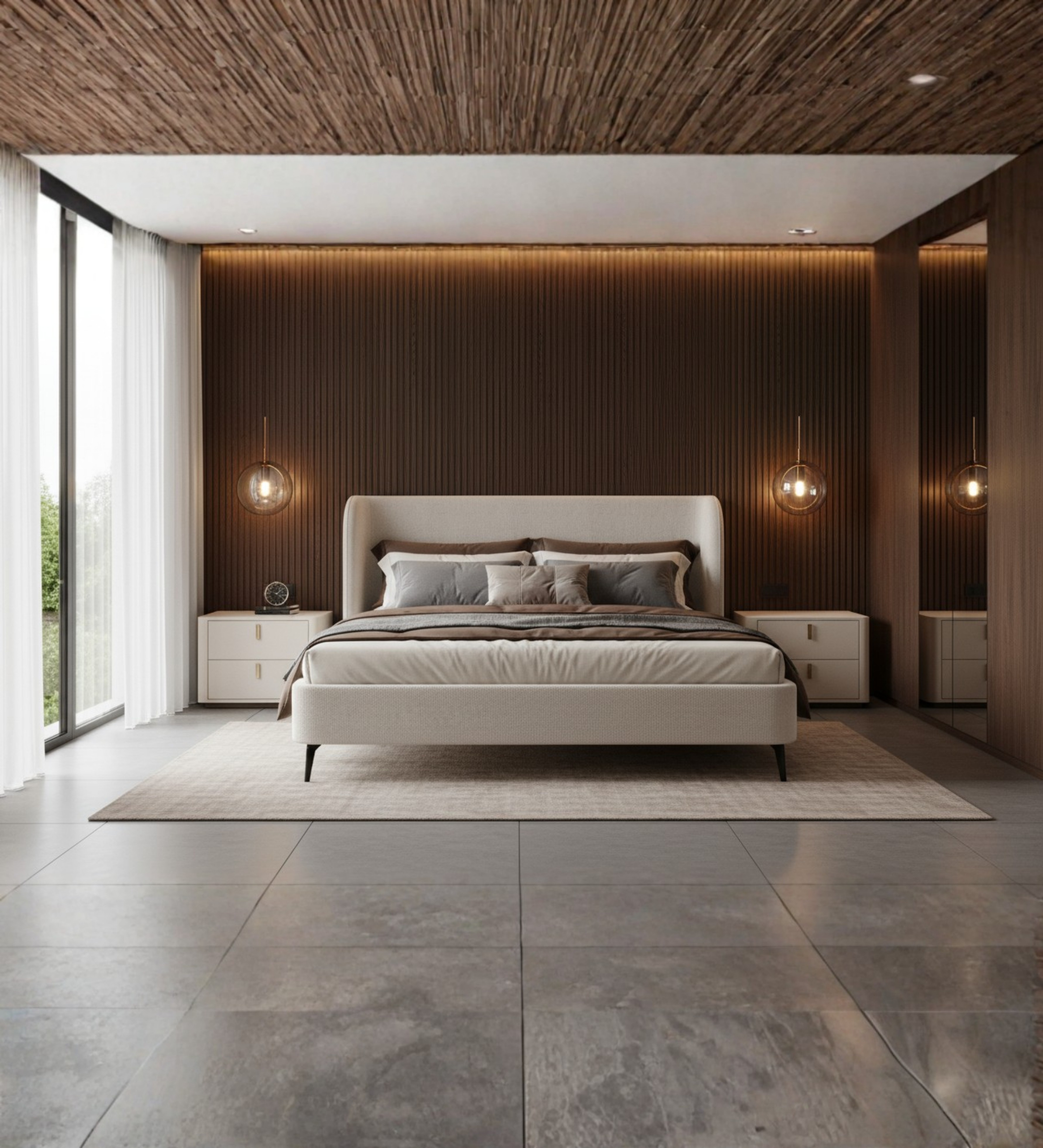 Beige upholstered bed with curved headboard and black legs.