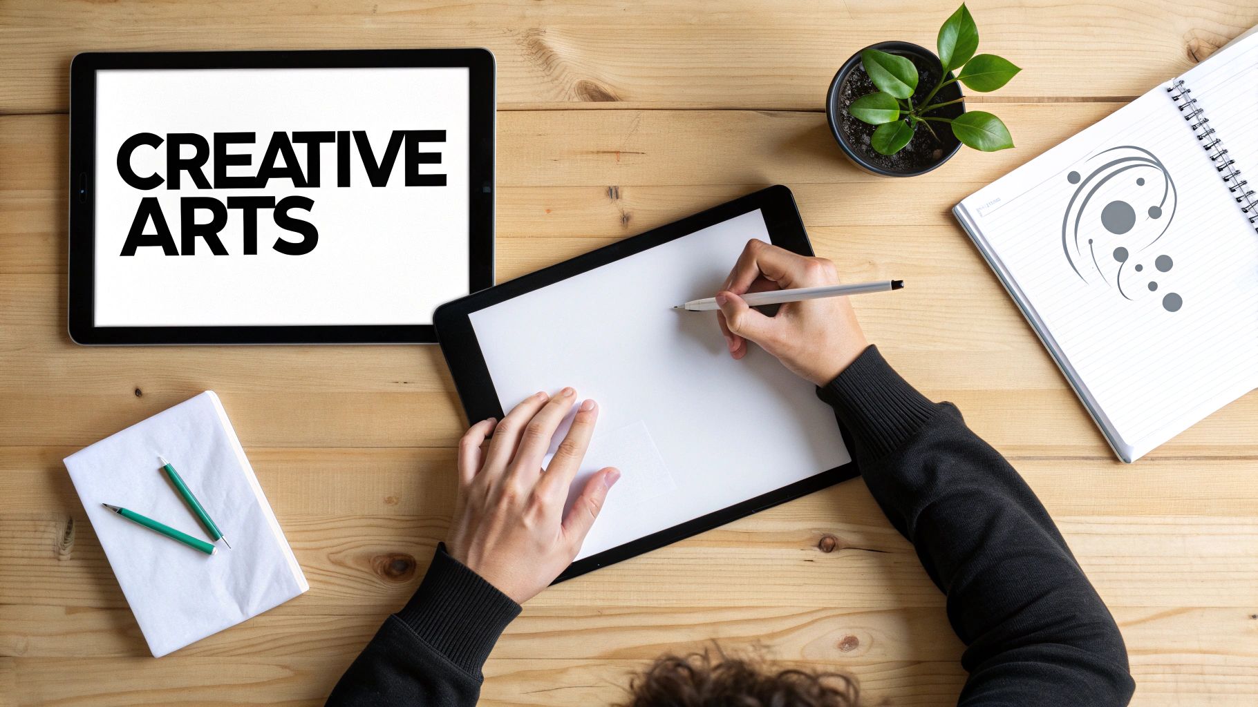 Overhead view of hands drawing on a digital tablet with other creative art supplies and a tablet showing 'CREATIVE ARTS'.