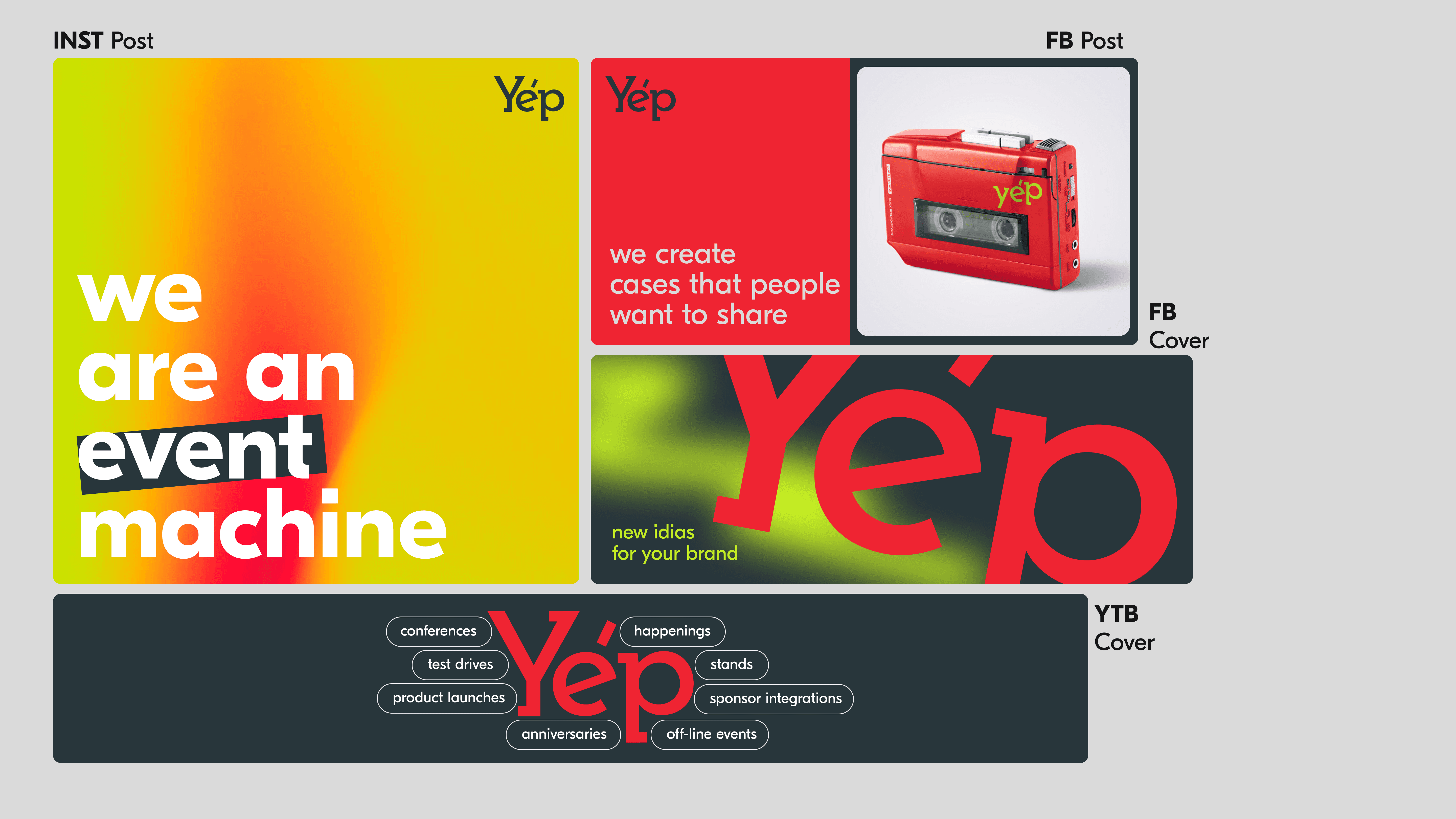 Social media and offline banner designs for Yep brandbook, created by our team to support consistent brand communication