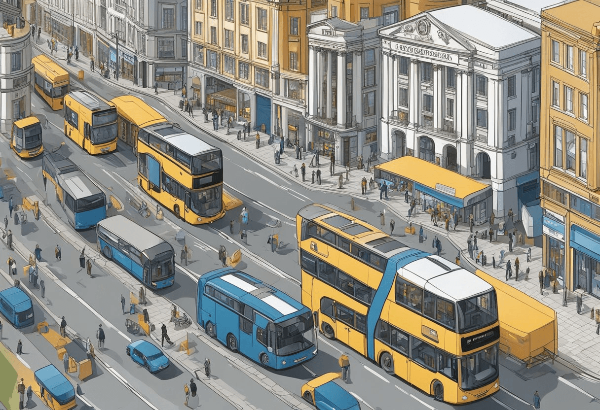 A bustling UK cityscape with a mix of traditional and modern architecture, showcasing diverse industries and job sectors. Busy streets and bustling businesses reflect the challenges and opportunities of the current labour market