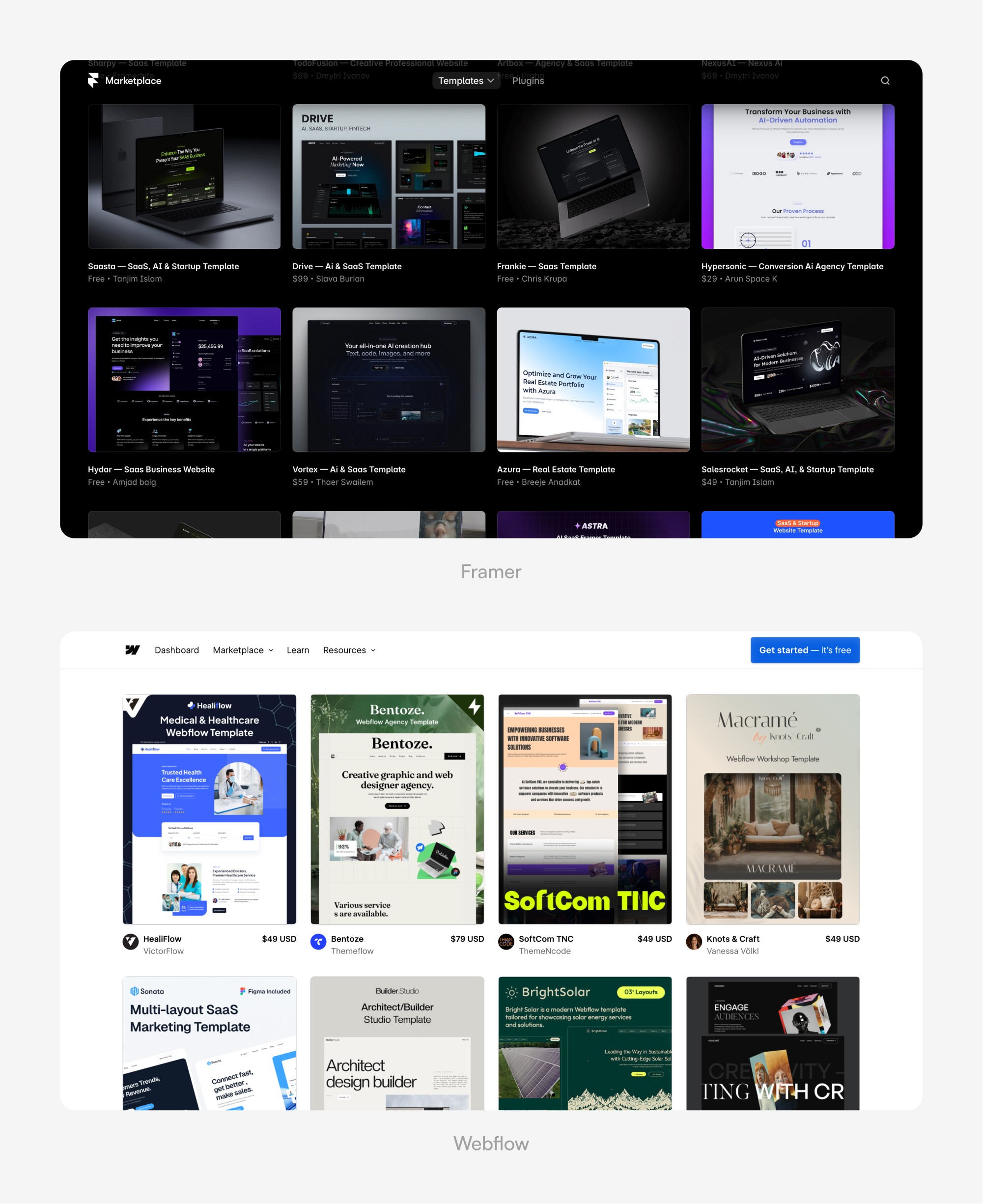 framer marketplace template vs webflow marketplace template