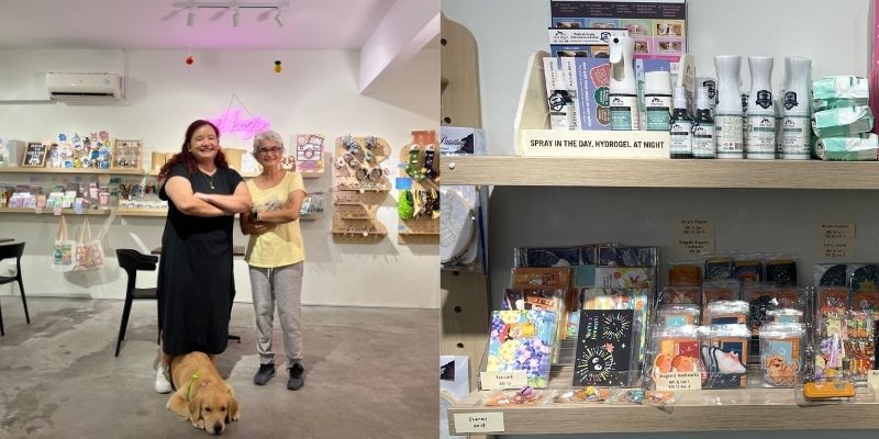 Stephanie, founder of Kozie Krafts, her mum, and her dog Sophie | A display of crafts at the Kozie Krafts store in Subang Jaya