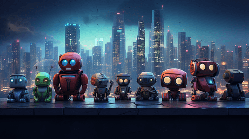 several robots standing in a line waiting for the signal. They help people against the backdrop of a large city in neon colors