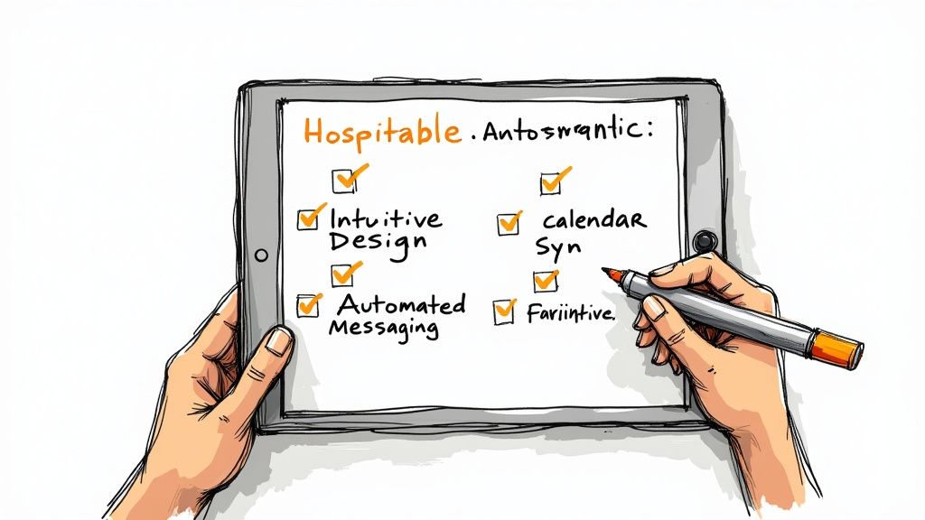 A host managing guest communications and bookings on a laptop in a modern living room setting.