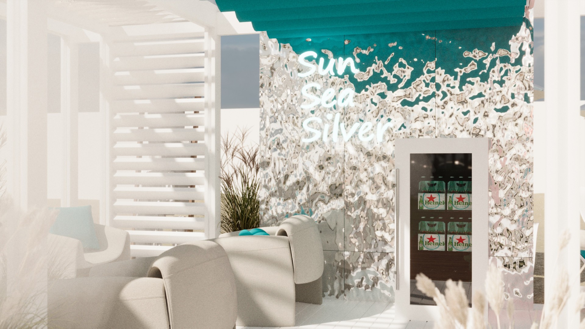 Bar area visual with branded fridge designed by our team for Heineken Silver beach activation