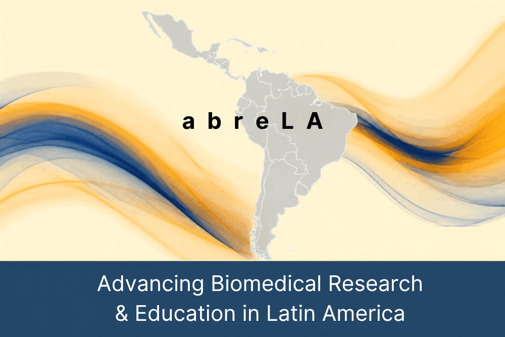 A map of Latin America with swirling orange and blue lines in the background, featuring the text "abreLA," and a caption below that reads "Advancing Biomedical Research & Education in Latin America."