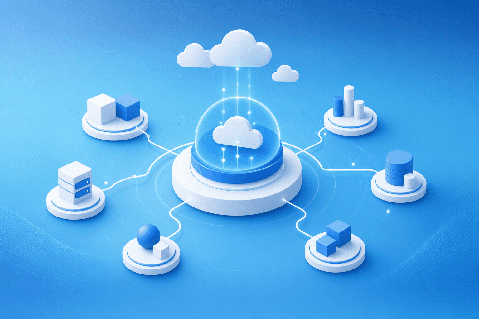 A clean, modern illustration showing cloud-based workflow integration concept for business software. Visual elements include interconnected nodes representing different business systems (represented by abstract geometric shapes), flowing data connections between cloud services, and a central unified platform hub. Use a professional blue and white color scheme with subtle gradients. The style should be minimalist, technical, and corporate-appropriate, similar to enterprise SaaS marketing visuals. No text, labels, or letters.