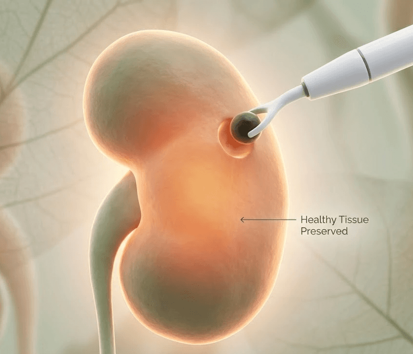 3D model showing the removal of a tumor while saving healthy kidney tissue.