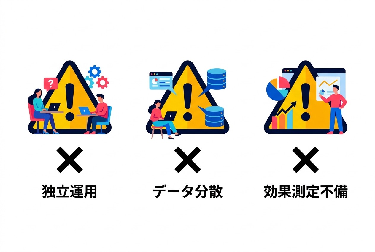 統合運用でよくある3つの失敗パターン。独立運用による機会損失、データ分散による分析精度低下、効果測定不備による誤った投資判断を避けることが成功の鍵となる。