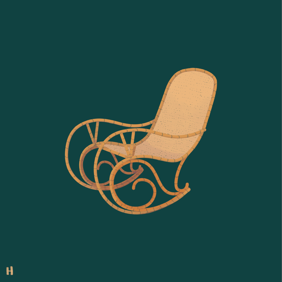 Animation of a purple ghost repeatedly appearing and disappearing while sitting in a woven bentwood rocking chair against a dark teal background.
