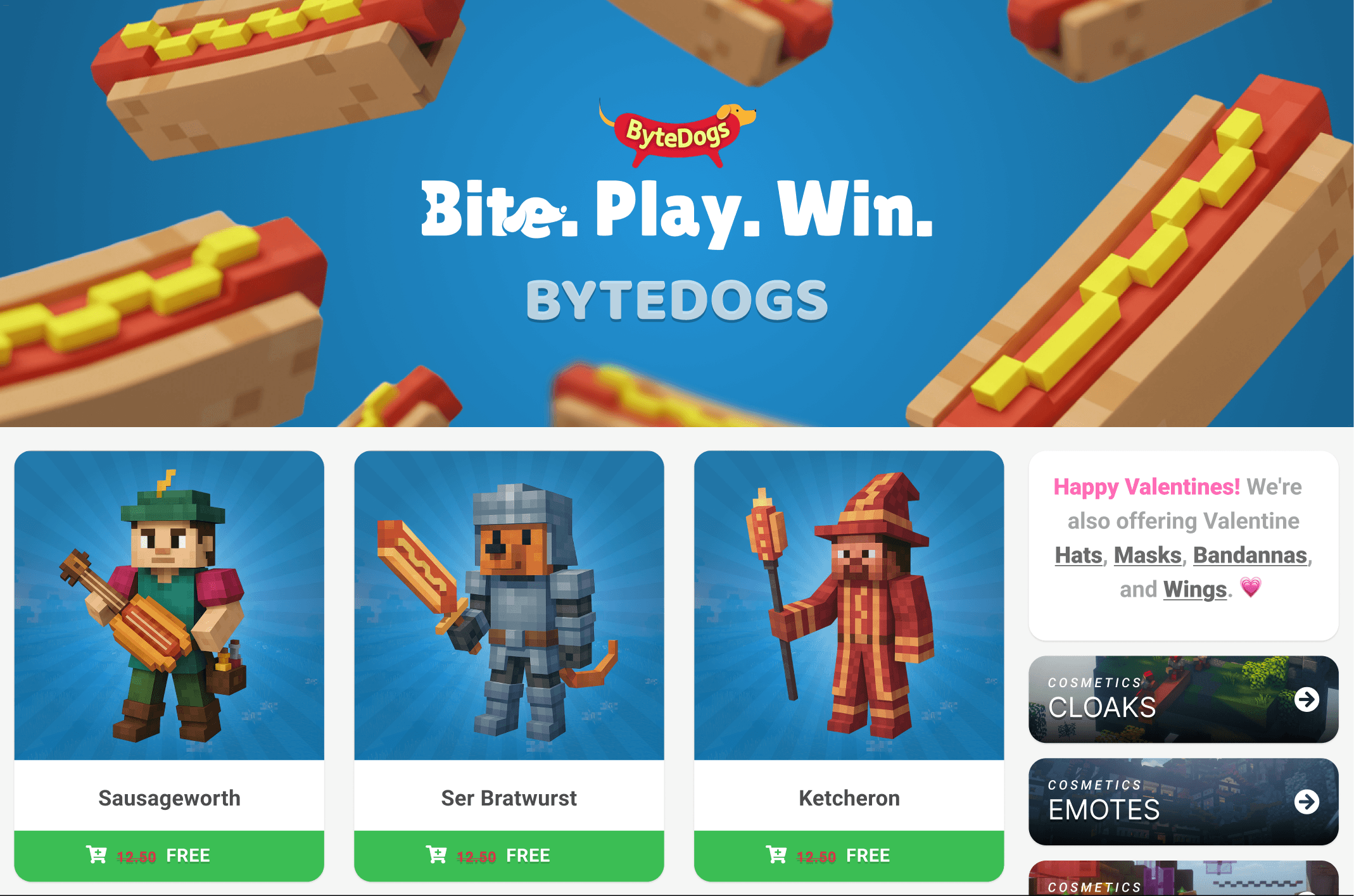 ByteDogs gaming cosmetics store with voxel avatars, emotes, and Minecraft-style character skins on colorful UI.