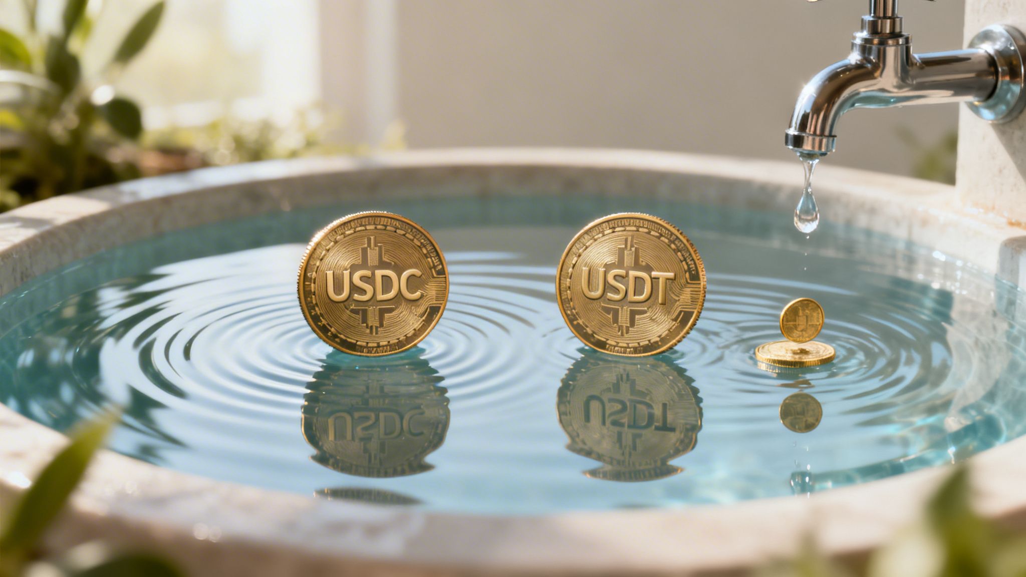 Golden USDC and USDT stablecoin cryptocurrencies float in a water basin, with a faucet dripping nearby.