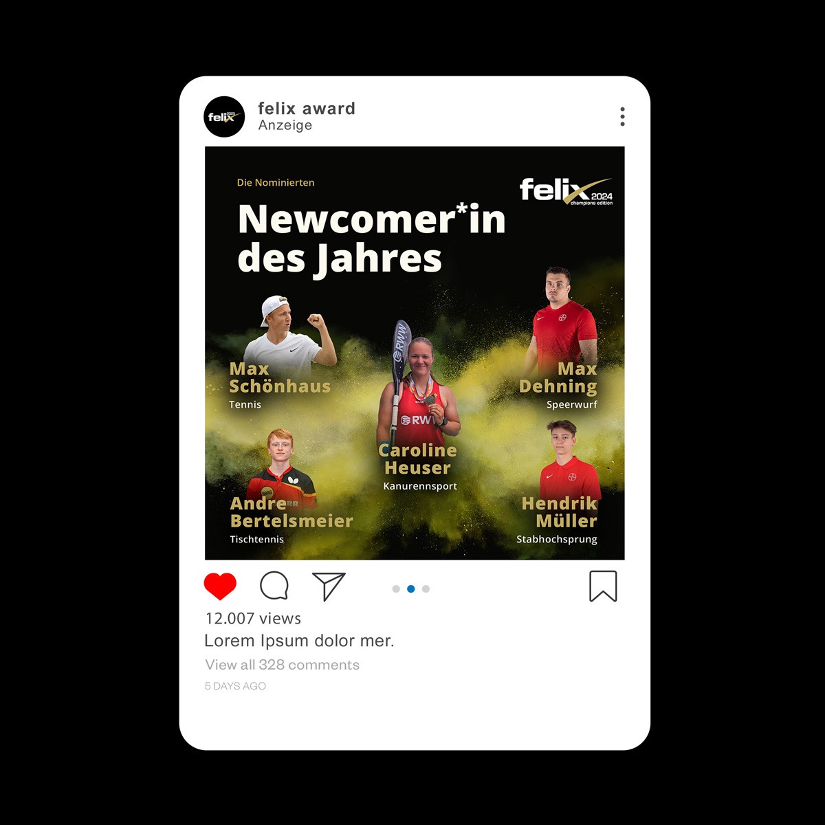 felix Award Social Media Posting mit 5 SportlerInnen "Newcomver*in des Jahres"