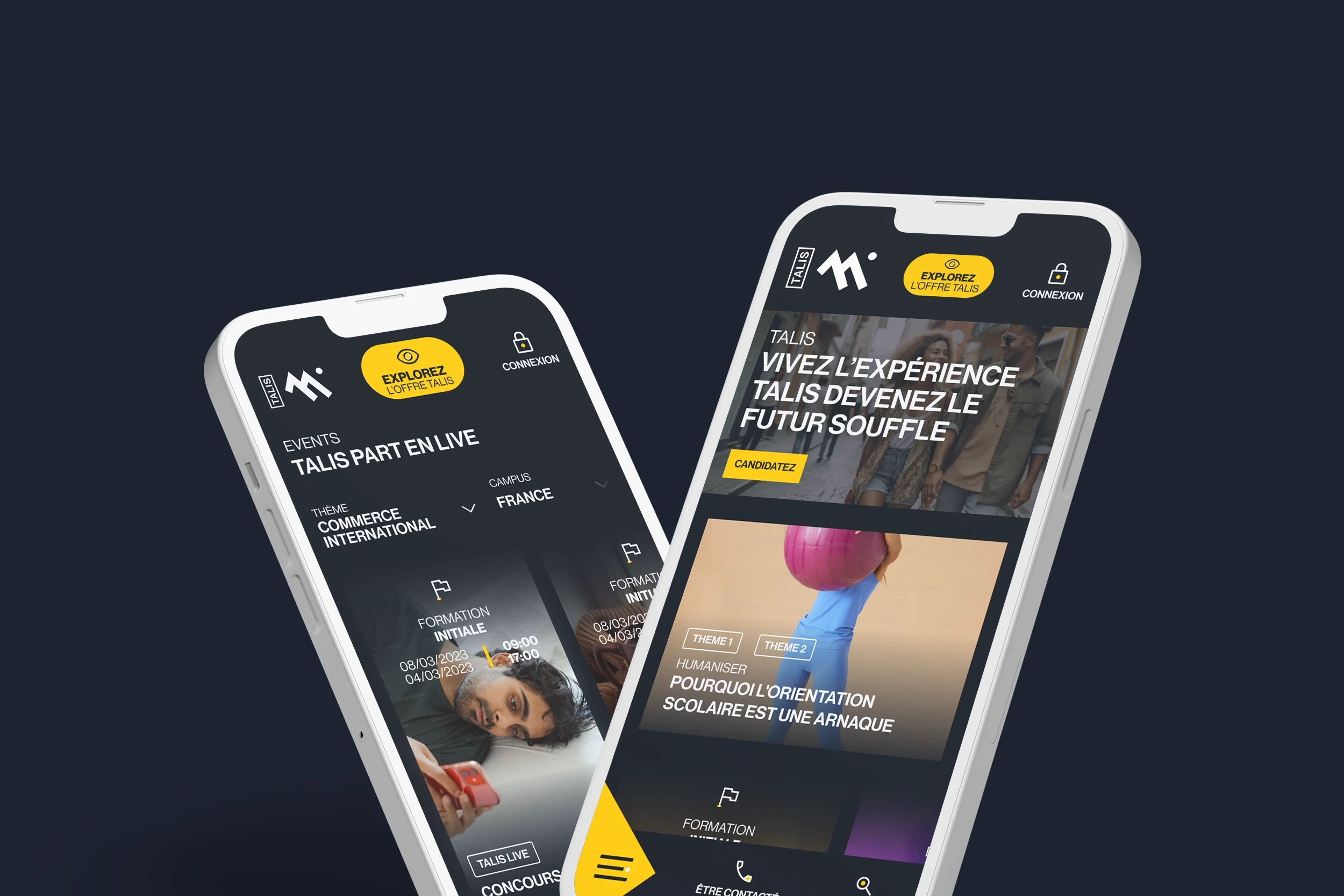 Maquettes mobiles du nouveau site Talis Business School illustrant notre expertise en "Product Design" et "UX Writing" pour offrir une expérience utilisateur immersive et orientée vers la conversion des futurs étudiants.