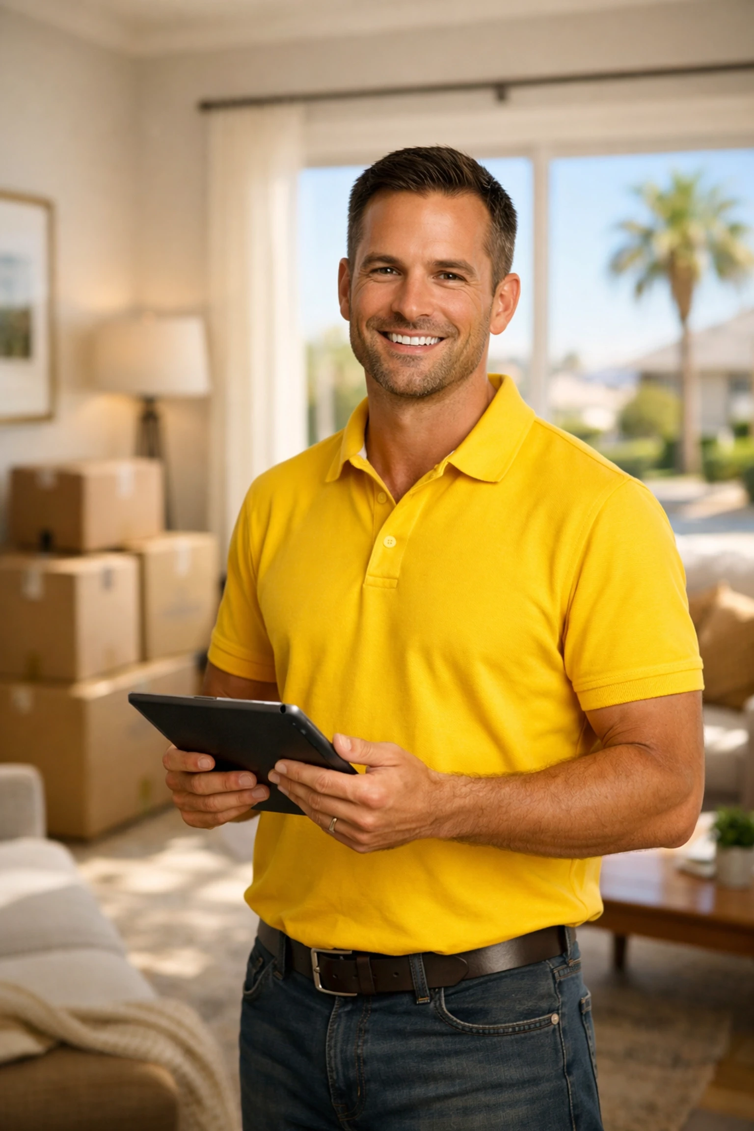 Professional moving consultant providing no obligation moving quotes in a bright California living room.