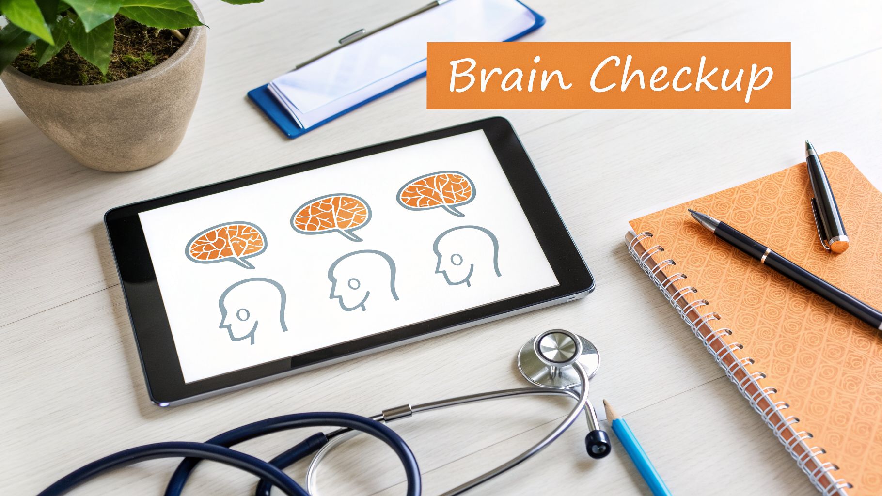 Overhead shot of a desk with a tablet showing brain illustrations, a stethoscope, notebook, and 