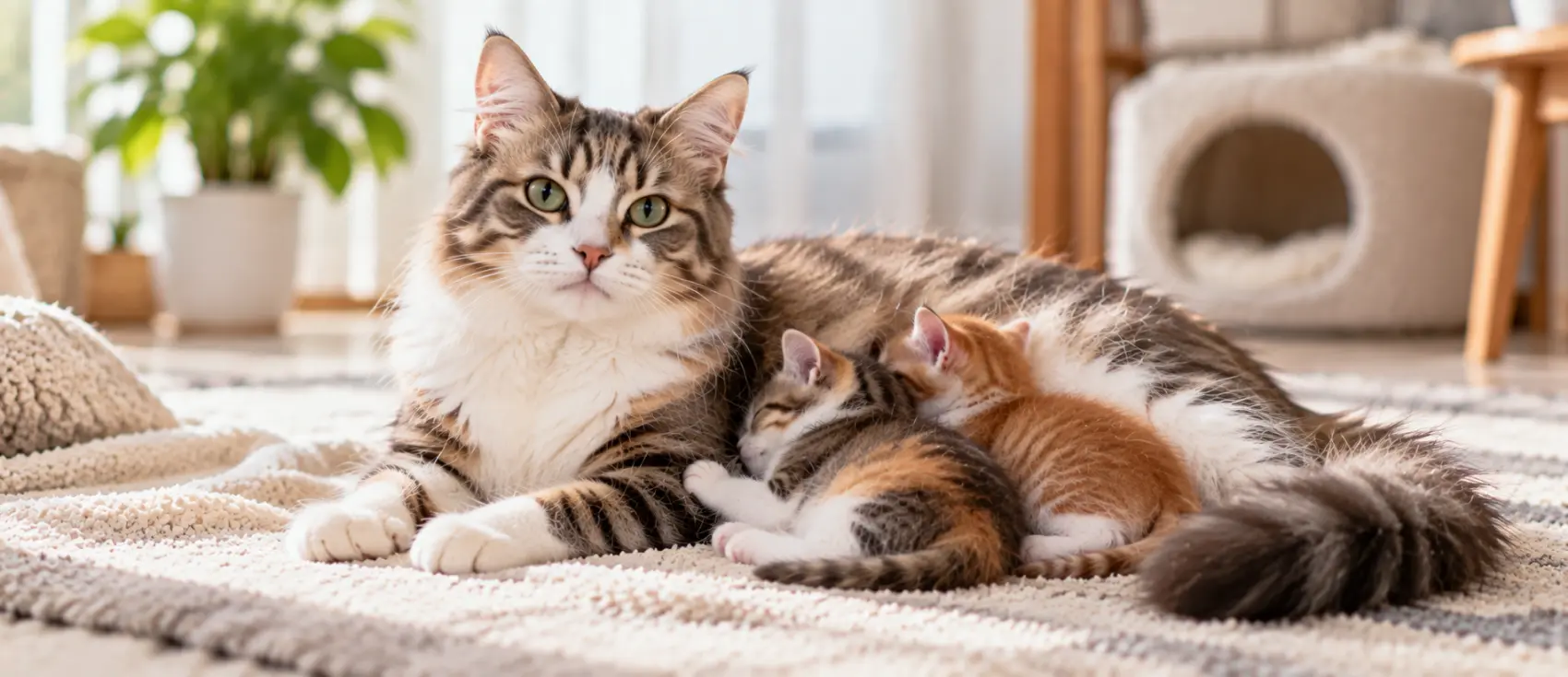 Mother cat lying on a rug nursing two kittens.
