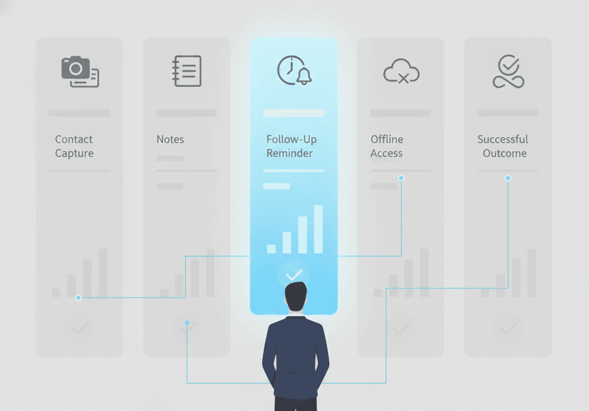 Comparison of business card manager apps showing yes or no support for card scanning, digital business cards, AI enrichment, event lead capture, CRM exports, and offline access.