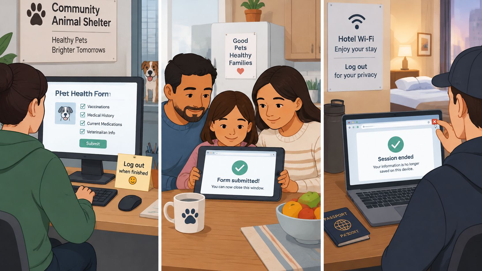 A triptych showing people responsibly logging out of public and shared computers to protect their digital privacy.