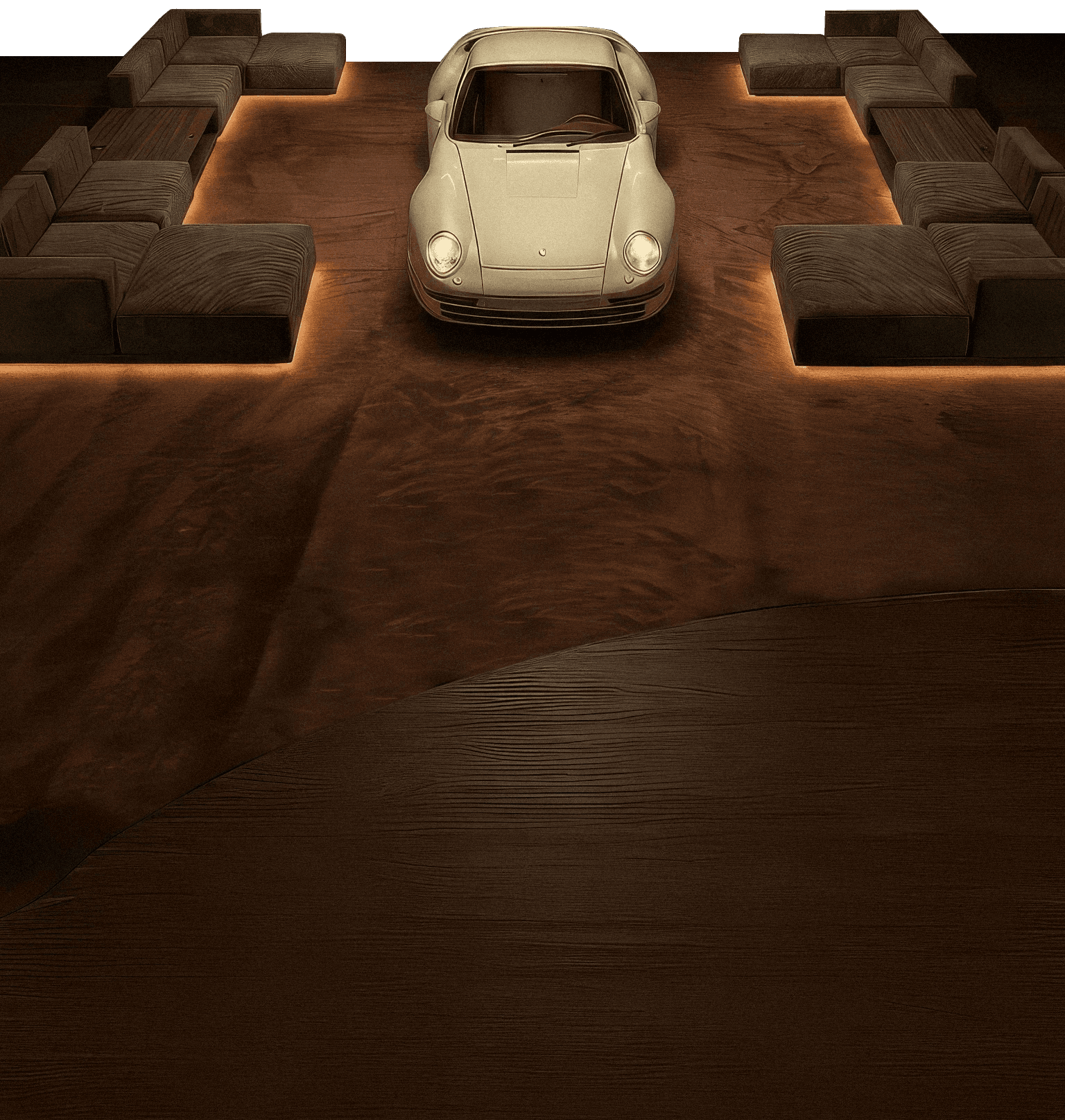 Air-cooled Porsche on a carpet surrounded by furniture, very cool vibe, classic car inspired design and moody comfort, lounge area with nice under sofa led lighting