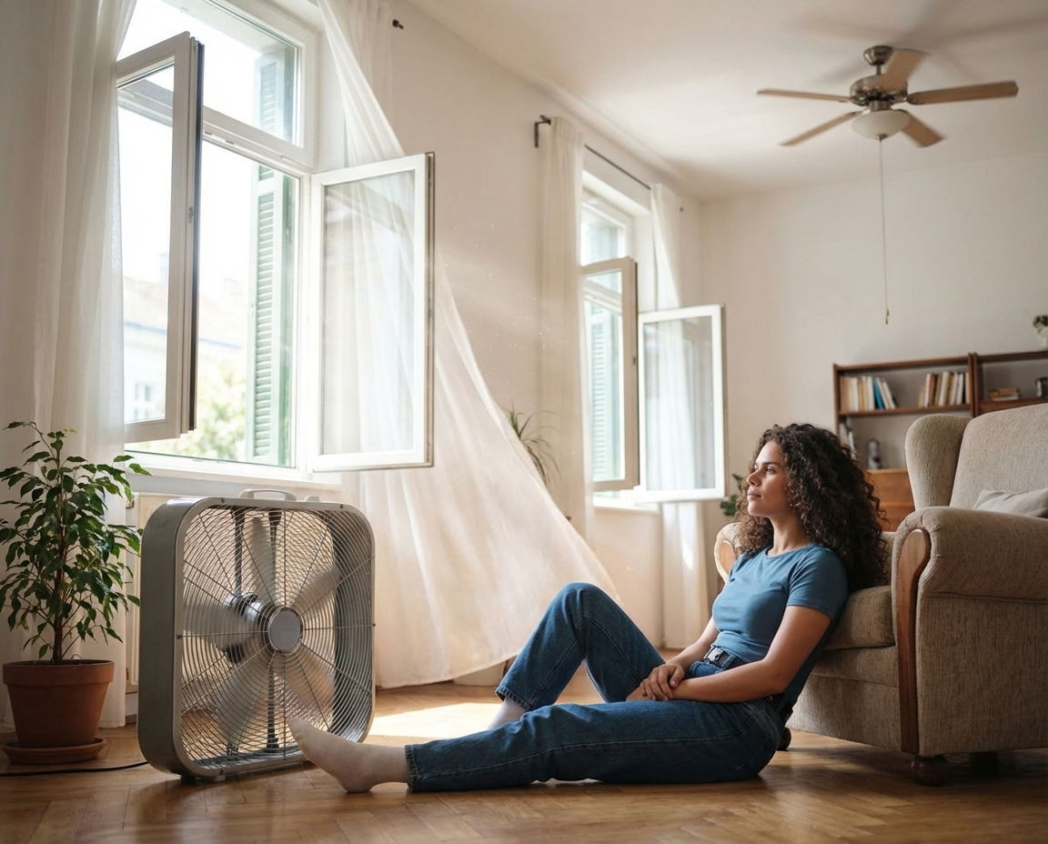 Person relaxing near a box fan with open windows and airflow.