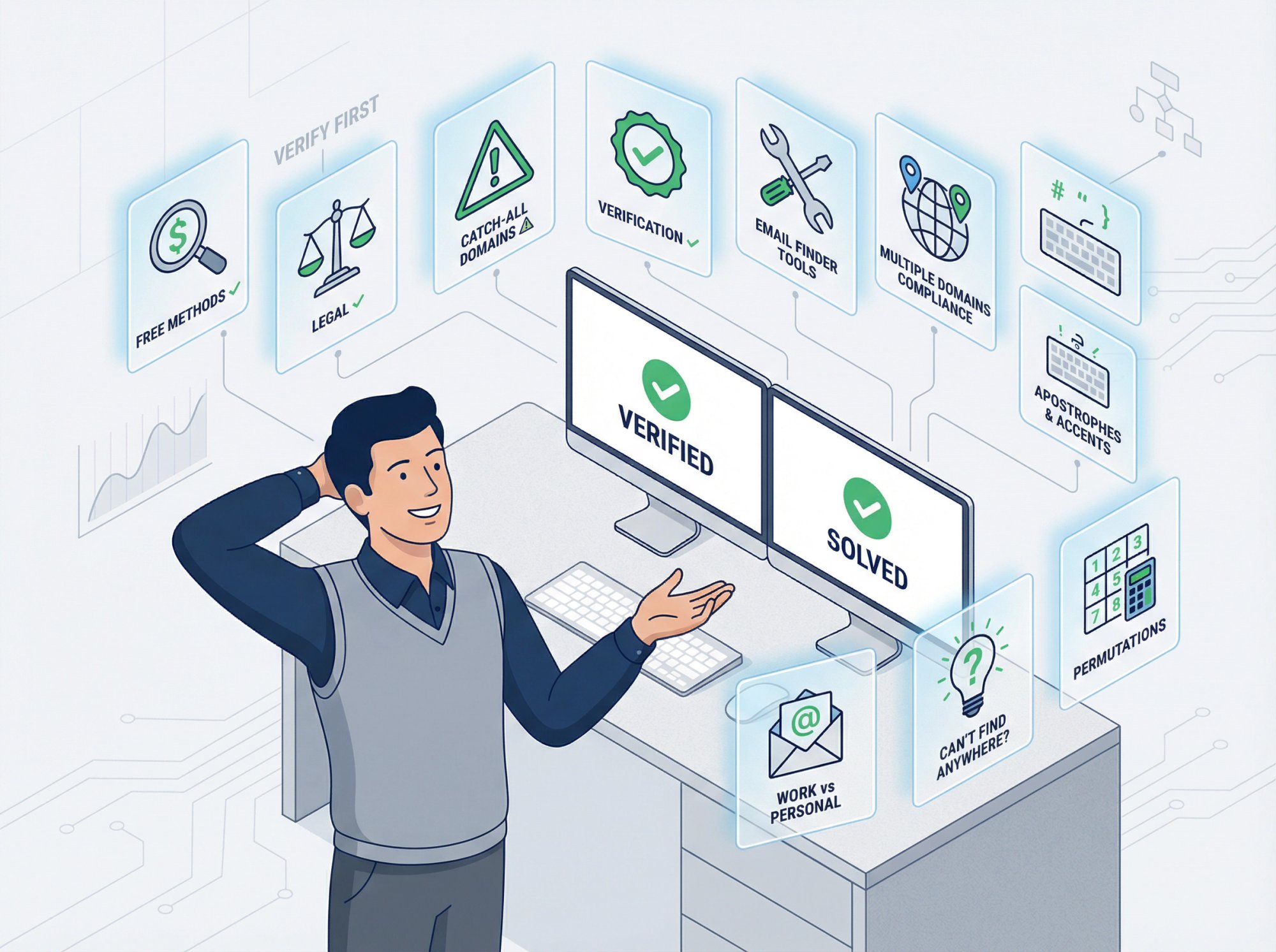 Professional workspace showing organized FAQ solutions for email finding challenges with multiple verified answer indicators