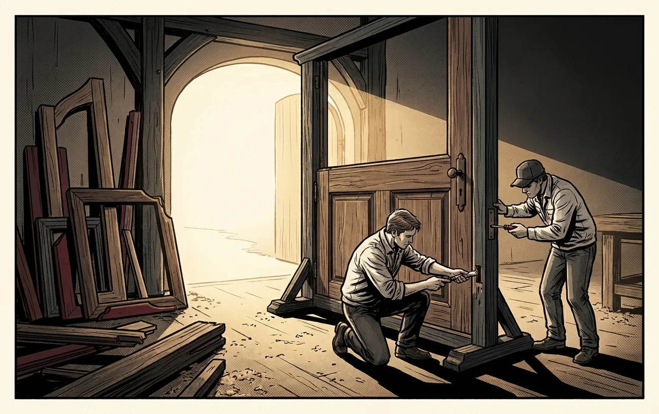Two men build a wooden door in a workshop for RockN' Socials Digital Marketing.