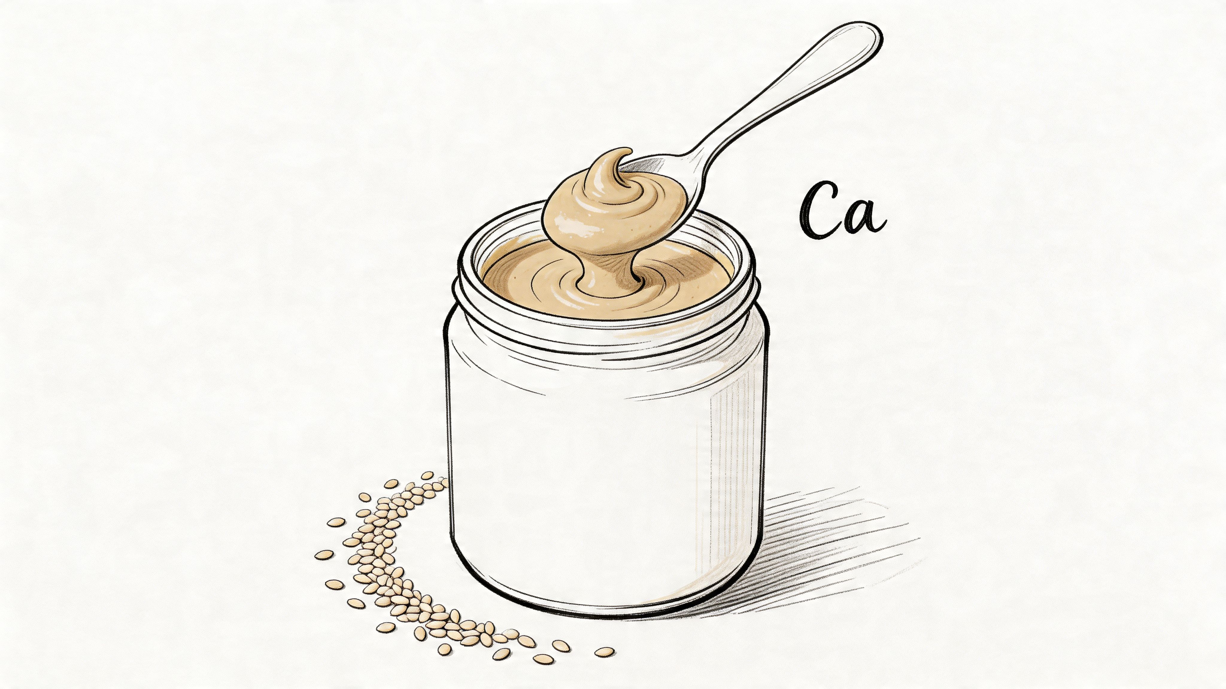 A hand-drawn illustration of a jar filled with tahini paste, a spoon, and sesame seeds nearby.