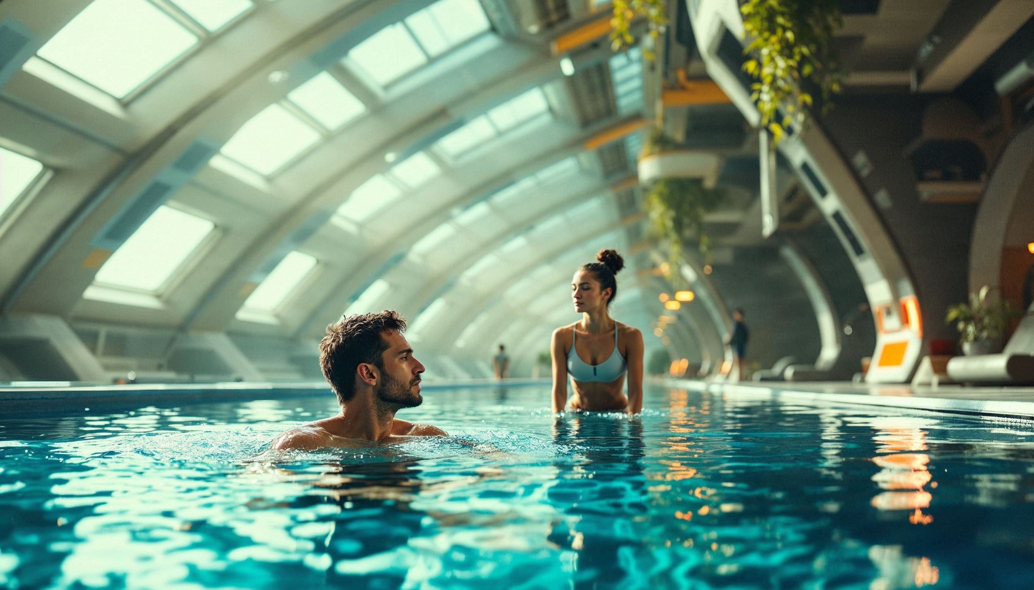 A man and woman in swimsuits enjoy swimming in a large indoor pool with arched windows and plants. Sunlight streams through the glass ceiling, creating a serene and modern ambiance.