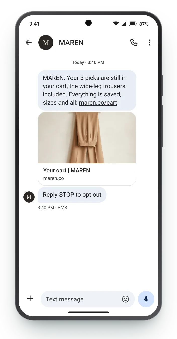 A cart with several items abandoned cart SMS on an Android phone