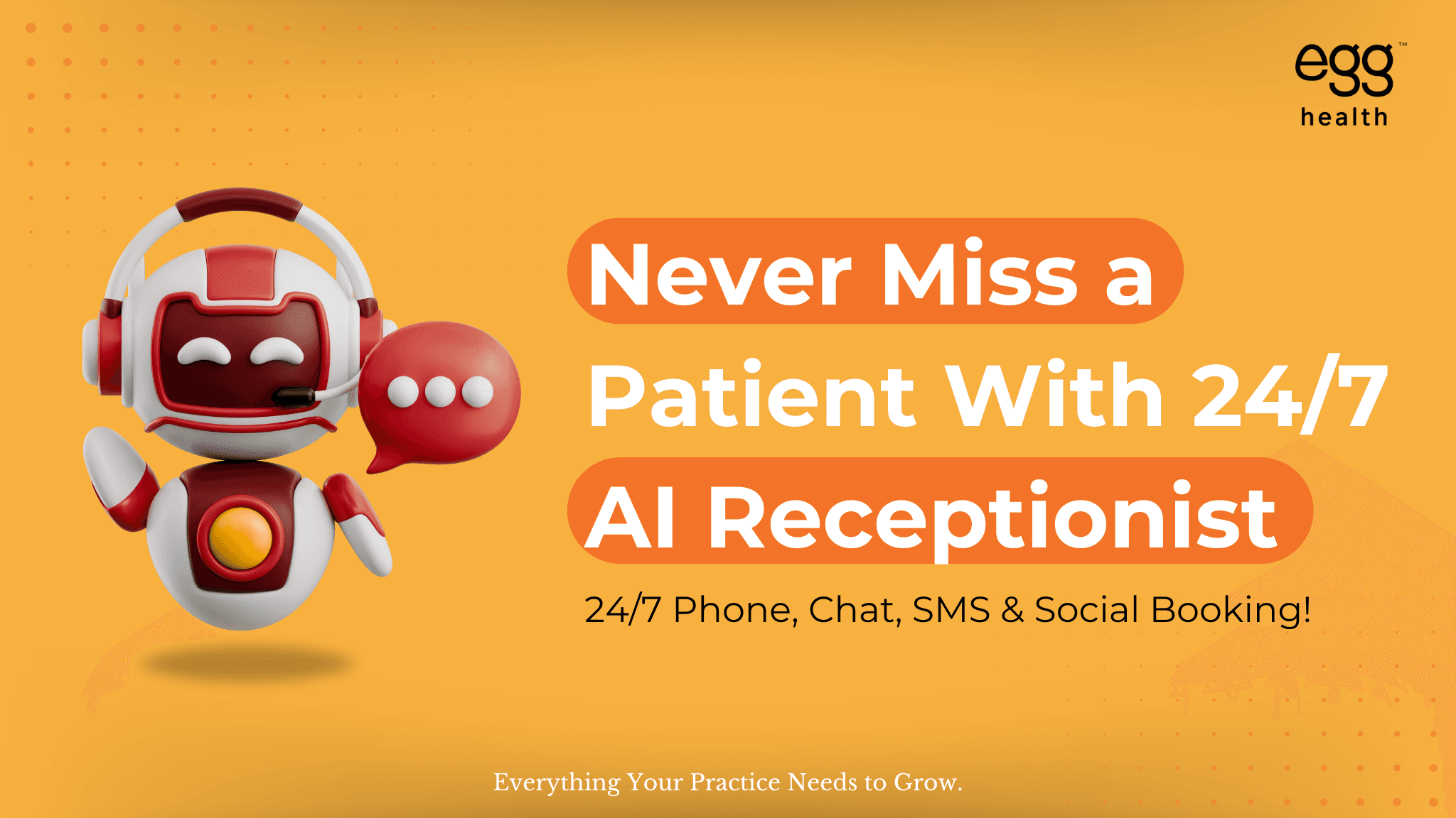 Illustration of an AI receptionist capturing after-hours patient inquiries through phone, SMS, web chat, and social media to prevent lost leads and boost revenue. Depicts a 3D assistant avatar with floating communication icons, representing nonstop availability.