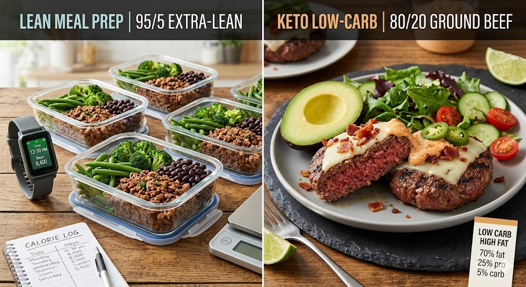 A split-screen comparison image featuring a low-calorie, extra-lean ground beef meal prep with vegetables and a fitness tracker on the left, and a juicy, 80/20 keto-friendly burger platter with low-carb toppings on the right.