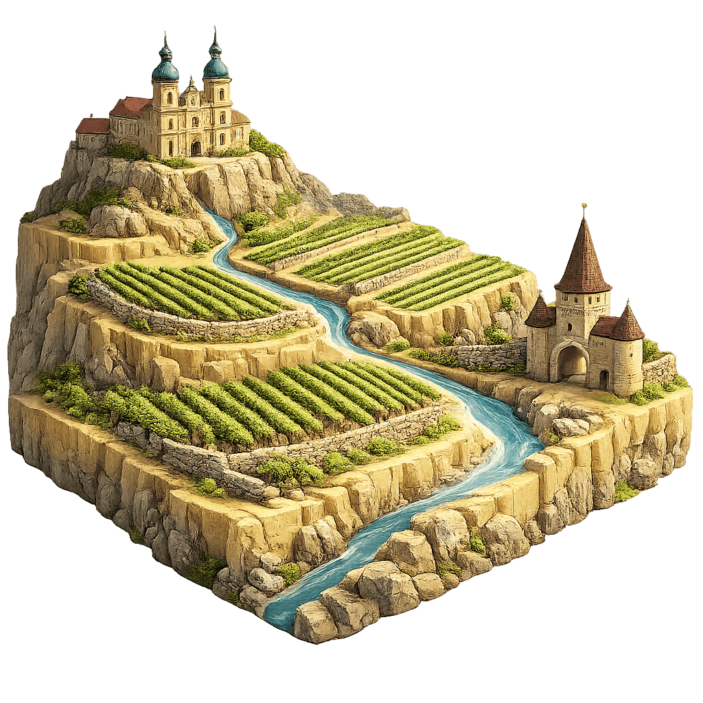 Artistic illustration of the Kremstal wine region.