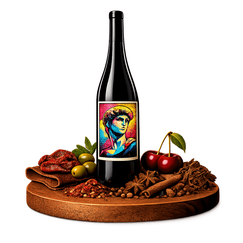 Artistic label and flavor profile for Greek Xinomavro on a rustic wooden table.