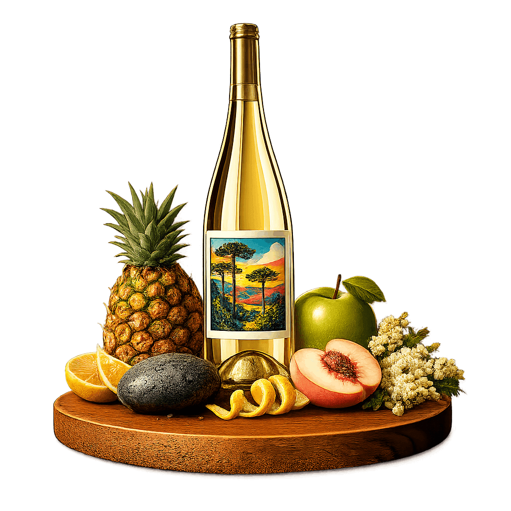 Artistic label and flavor profile for Serra Gaúcha Chardonnay on a rustic wooden table.