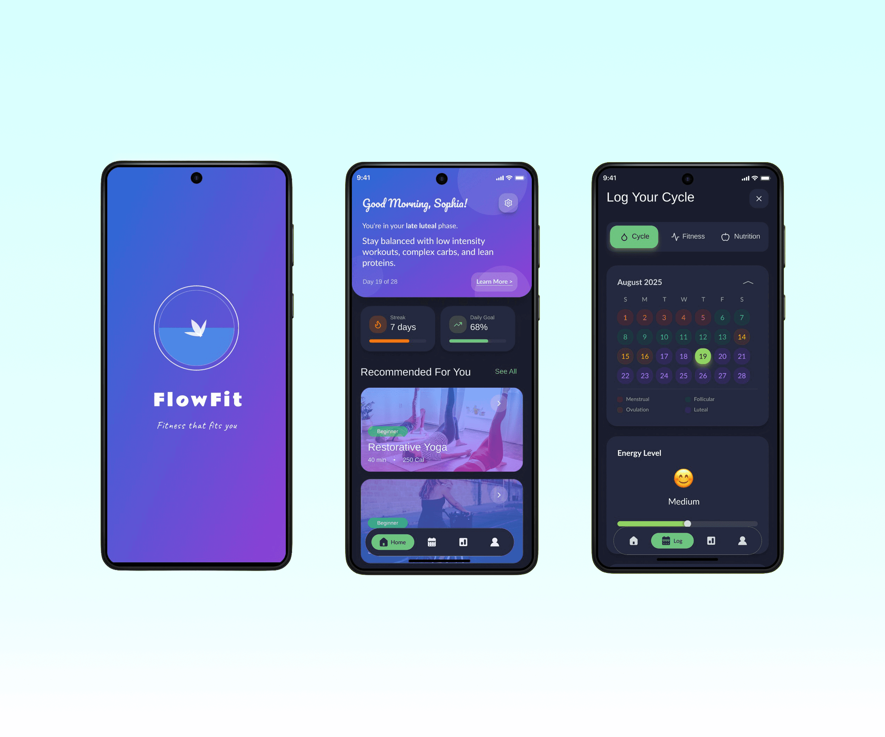 Preview Screenshots of the splash screen, dashboard, and Logging Calendar