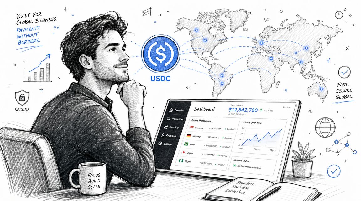 A pencil sketch of a professional man viewing a global payment dashboard featuring USDC digital currency technology.