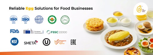 분말, 액상 계란, 오믈렛 같은 조리된 요리까지 포함한 Jinyi Food의 다양한 계란 제품을 생생하게 보여주는 전시입니다.