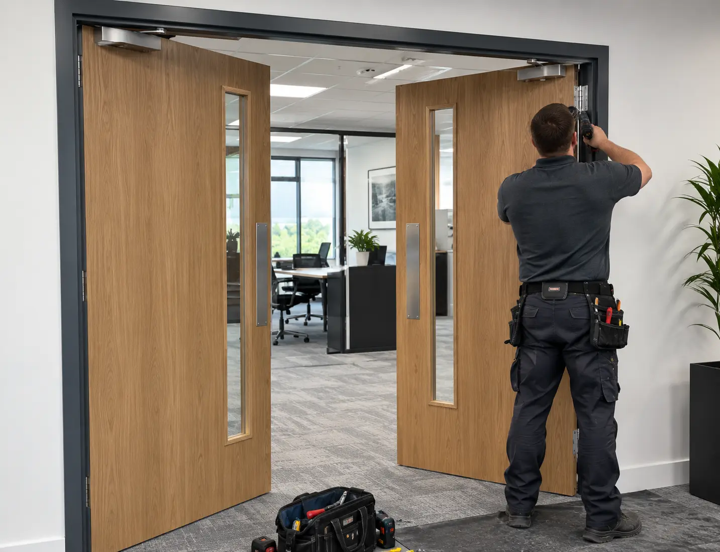 Man working on commercial fire door
