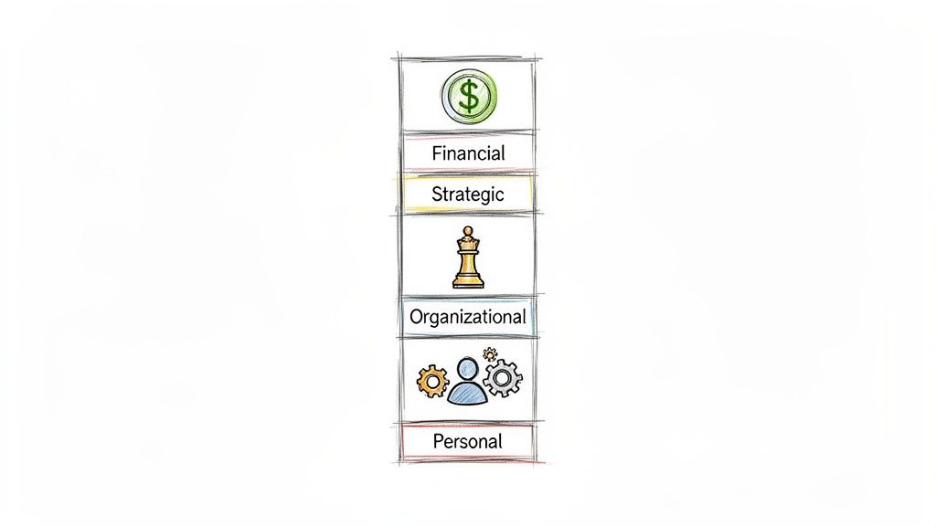 A hand-drawn vertical stack showing different levels: financial, strategic, organizational, and personal, with icons.