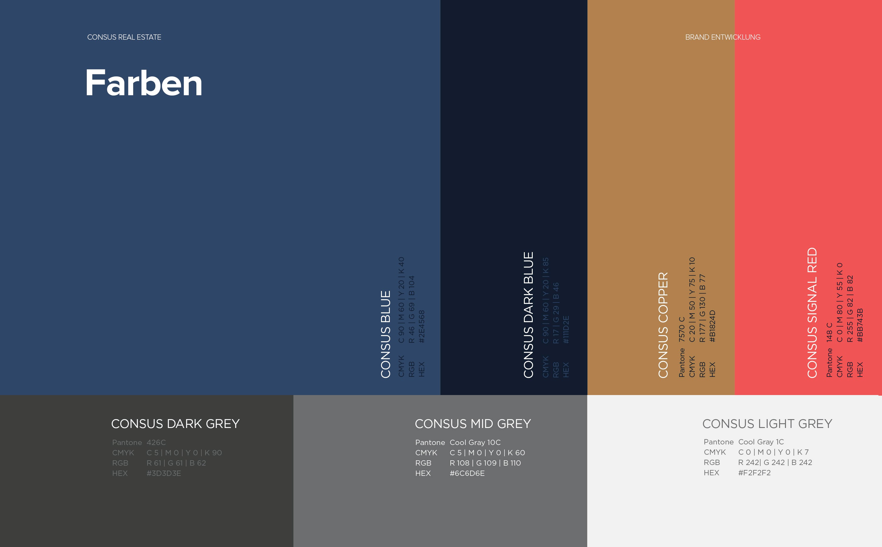 Farbwelt und grafische Systeme im Corporate Design von Consus Real Estate – kühle, urbane Tonalität mit architektonischem Bezug.