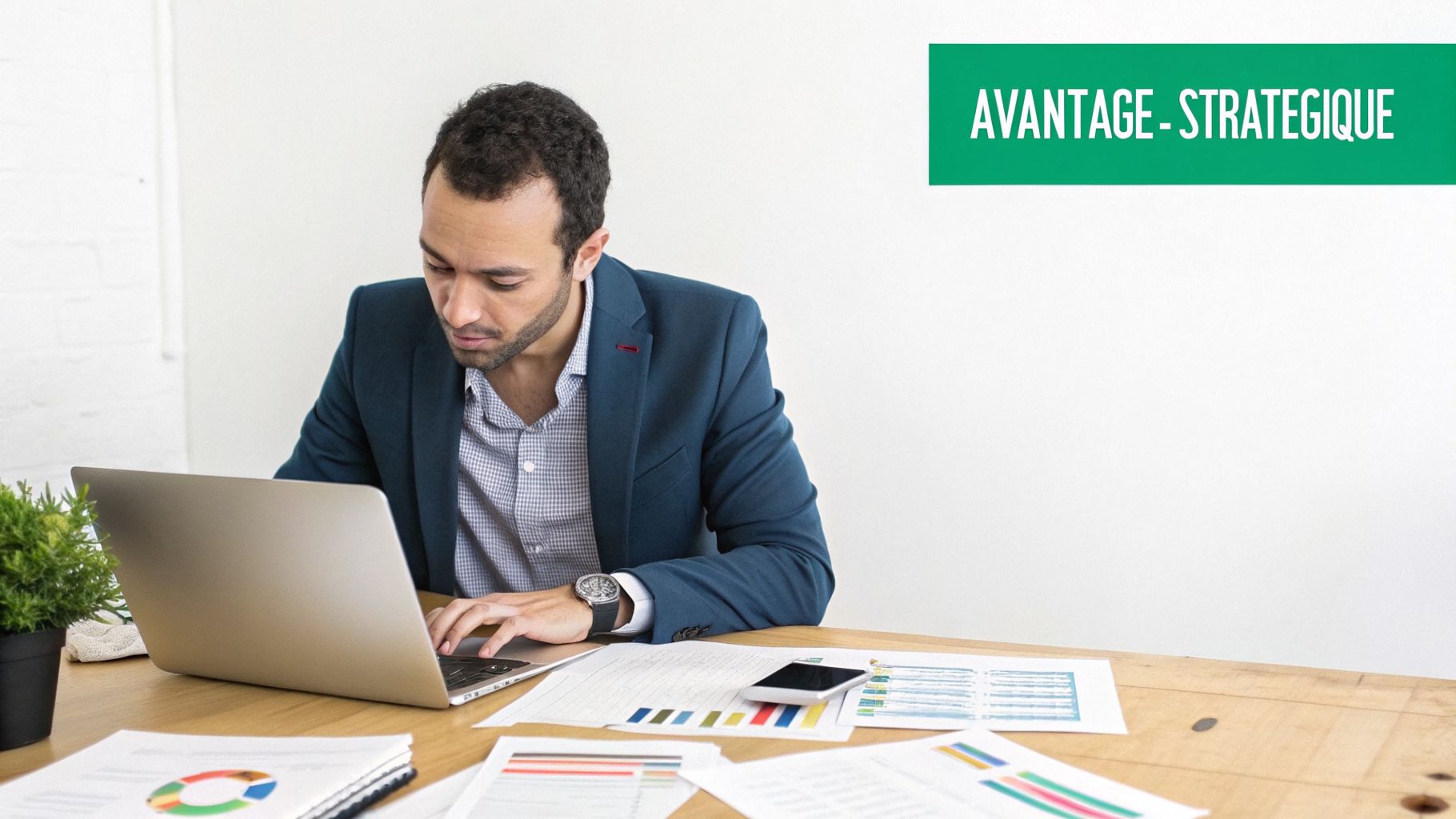 Un homme concentré travaille sur son ordinateur portable à un bureau, entouré de documents et un téléphone. Bannière 