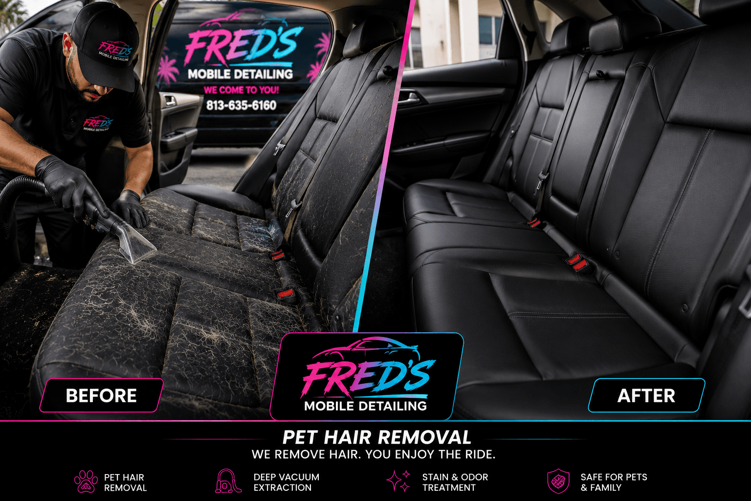 Pet hair removal from vehicle seats and carpets in Tampa