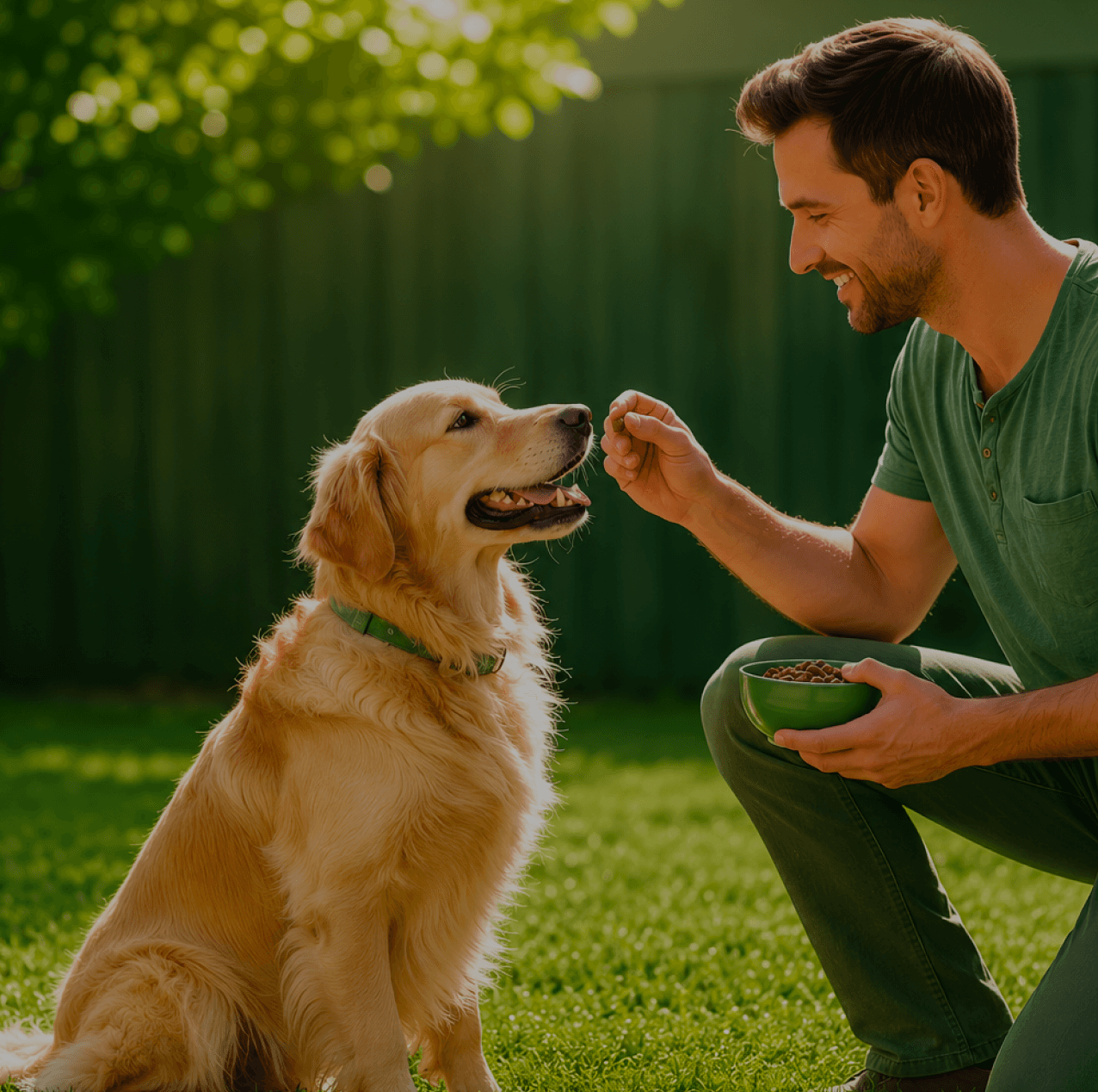 Man offering a treat to a golden retriever in the garden