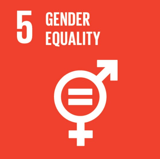 The image represents the fifth United Nations Sustainable Development Goal (SDG 5), which is "Gender Equality." It features a bright red background with the text "5 Gender Equality" at the top. Below the text, there is a white icon combining the symbols for male and female with an equal sign in the center, symbolizing equality between genders. This goal emphasizes achieving gender equality and empowering all women and girls.