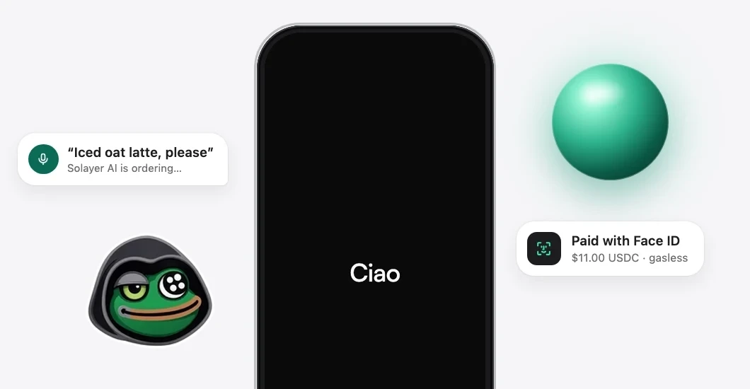 Solayer AI Pay prototype playing on an iPhone, with the frog mascot, a voice request, the AI orb and a Face ID payment